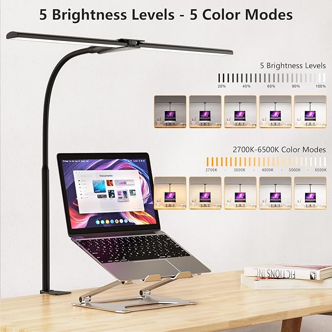 EppieBasic LED Desk lamp,Double Head Architect Desk Lamps for Home Office,Extra Bright Workbench Office Lighting,Eye Protection Modern Desk Light for Monitor Studio Working Reading 1200LM - LeafyLoom