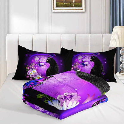 Black Cat Bedding Cartoon Cat Comforter Set Twin,Daisy Butterflies Printed Kids Bedding Set for Kids Boys Girls Adults Room Decor,Kids Comforter Set All Season,1 Quilt 2 Pillow Cases,Purple - LeafyLoom