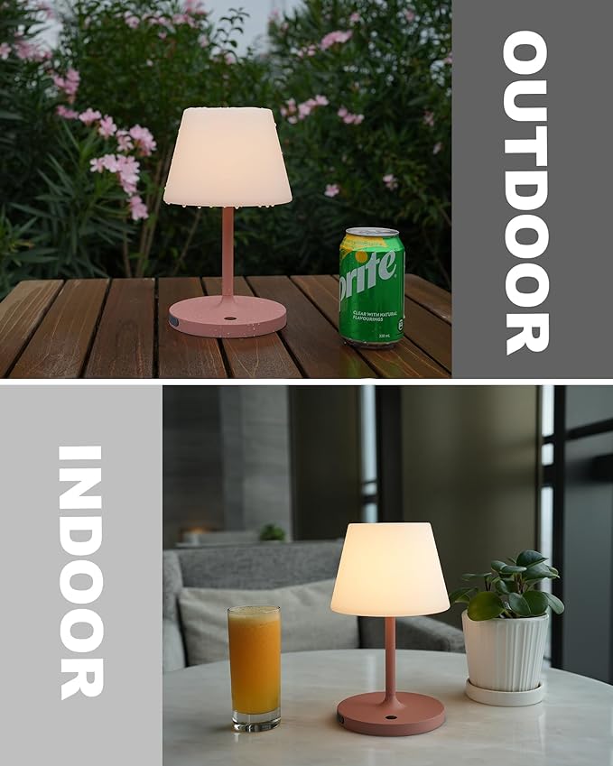 Outdoor Battery Operated Table Lamp Waterproof, 4000mAh Cordless Table Lamp Rechargeable, Touch Dimmable Desk Lamp, LED Night Light for Patio Camping Restaurant Home, H9.6in, Pink - LeafyLoom