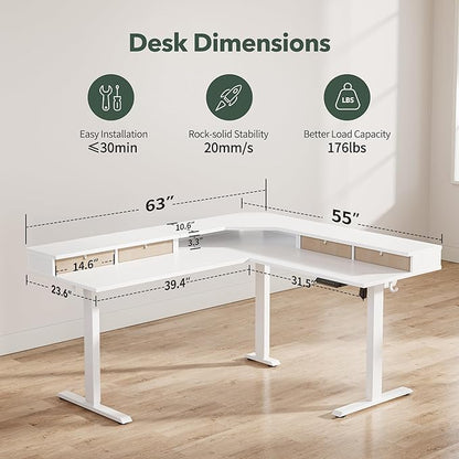 FEZIBO 63" L Shaped Standing Desk with 4 Drawers, Electric Standing Gaming Desk Adjustable Height, Corner Stand up Desk with Splice Board, White Frame/White Top - LeafyLoom