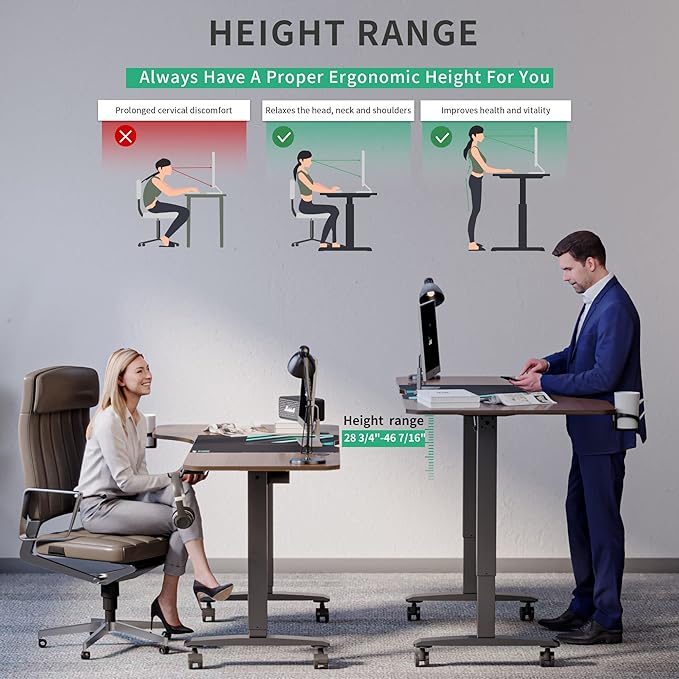 Standing Desk, L Shaped Adjustable Standing Desk, 63'' Corner Height Adjustable desk with Cup Holder, Headphone Hook, Cable Manager, and Mouse pad, Brown Panel - LeafyLoom