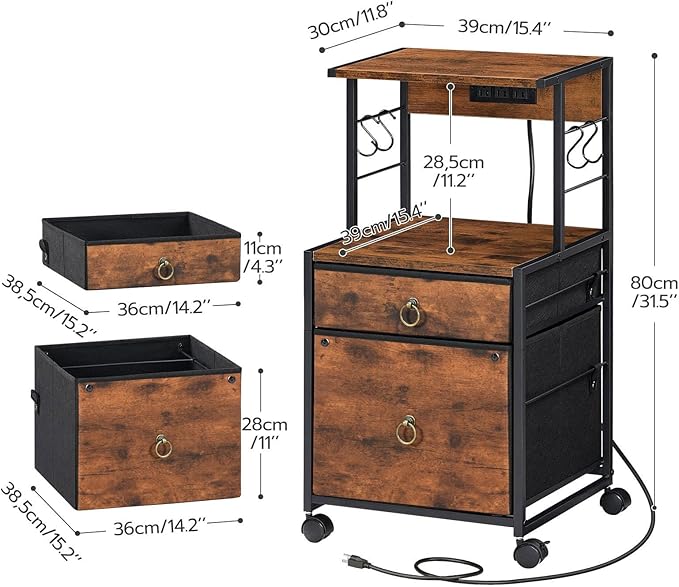 HOOBRO 2-Drawer File Cabinet, Filing Cabinet with Charging Station, Vertical Office Cabinet with Open Storage Shelf, Printer Stand, A4/Letter Size, Nonwovens Drawer, Rustic Brown BF23UWJ01 - LeafyLoom