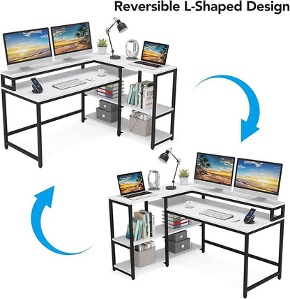 Reversible L Shaped Computer Desk with Storage Shelf, Industrial Corner Desk with Monitor Stand for Home Office - LeafyLoom