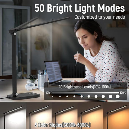 Adjustable Foldable Desk Lamp for Home Office - Double Swing Arm Bright LED Desk Light, Eye-Caring Architect Task Lamp, Touch Control Desktop Lamp Dimmable Table Desk Light for Work/Study/Craft - LeafyLoom