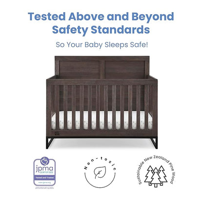 Simmons Kids Foundry 6-in-1 Convertible Baby Crib, Rustic Grey with Matte Black + Quiet Nights Breathable Crib Mattress with Removable/Machine Washable Cover (Bundle) - LeafyLoom