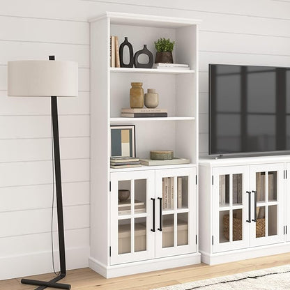 Bush Furniture Westbrook Tall 5 Shelf Bookcase with Glass Doors in White Ash | Farmhouse Bookshelf Cabinet for Living Room and Home Office - LeafyLoom