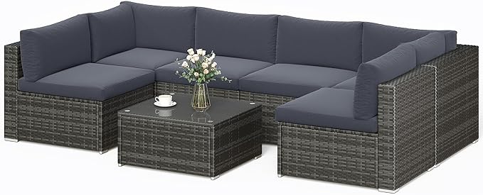 SUNVIVI OUTDOOR 7 Piece Patio Furniture Sets All Weather Gery PE Wicker Couch Sofa with Glass Table, Removable Dark Grey Cushions - LeafyLoom