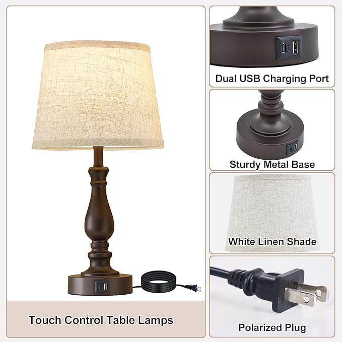 Table Lamps for Bedrooms Set of 2 - Touch Bedside Lamps with Dual USB Ports - 3 Way Dimmable Nightstand Lamps for End Tables Farmhouse Night Stand Lamps for Living Room Bed Side Guest Room - LeafyLoom