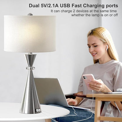 Table Lamps Set of 2, 3-Color Temperature Dimmable Modern Metal Bedside Lamps with 2 USB Ports, 26.5" Large Lamps Nightstand Lamp with White Fabric Shade for Living Room Bedrooms Decorations - LeafyLoom