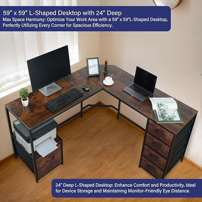 TOPSKY L-Shaped Desk Corner Computer Desk with 18.9" Depth Workstation, Cloth File Cabinet for Letter Size File Folder and 4 Cloth Storage Cabinets (Bamboo, 59 * 59 inch) - LeafyLoom