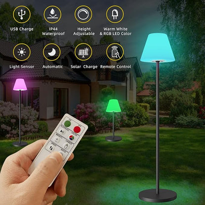 Solar Floor Lamp for Patio Waterproof, Outdoor Floor Lamp with Light Sensor, USB Rechargeable Cordless Floor Lamp with Remote, Dimmable Warm White and Height Adjustable for Lawn Yard Pool Garden - LeafyLoom