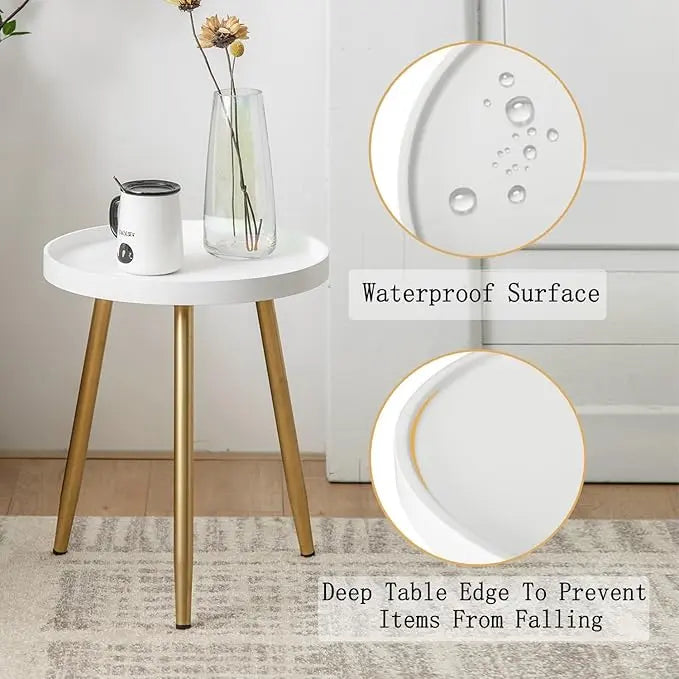 Round Side Table Wooden Tray Table with Metal Tripod Stand Nightstand Coffee Table End Table for Living Room Bedroom Office Small Spaces, 18" H x 15”D (White & Gold) - LeafyLoom