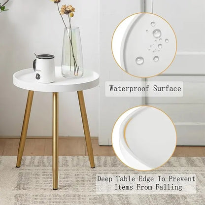 Round Side Table Wooden Tray Table with Metal Tripod Stand Nightstand Coffee Table End Table for Living Room Bedroom Office Small Spaces, 18" H x 15”D (White & Gold) - LeafyLoom