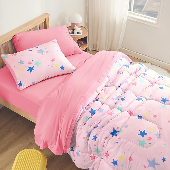 SLEEP ZONE Jersey Knit Pink Comforter Set Twin Size, Breathable & Soft Kids Bedding Set 2-Piece with Comforter, Pillowcase (Colorful Stars, Twin) - LeafyLoom