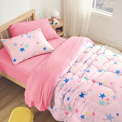 SLEEP ZONE Jersey Knit Pink Comforter Set Twin Size, Breathable & Soft Kids Bedding Set 2-Piece with Comforter, Pillowcase (Colorful Stars, Twin) - LeafyLoom