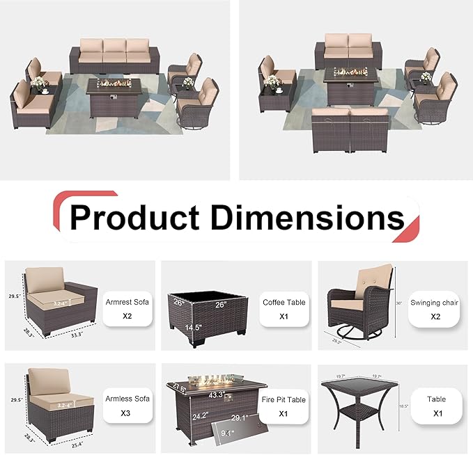 Patio Furniture Sectional Sofa Set 10-Pieces PE Rattan Swivel Rocking Chairs Outdoor Furniture Set w/43in Gas Fire Pit Table, Patio Conversation with 55000 BTU Propane Fire Pit, Sand - LeafyLoom