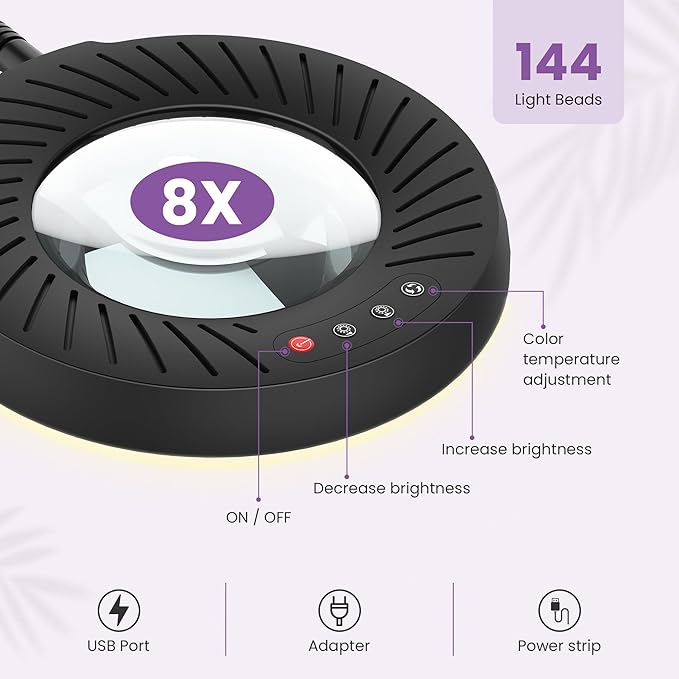 EASYINBEAUTY 8X Magnifying Glass with Light and Stand, 5 Color Modes & 9-Level Dimmable, 2-in-1 LED Magnifying Desk Lamp with Clamp, Gooseneck Magnifying Light for Crafts Hands Free, Close Work, Read - LeafyLoom