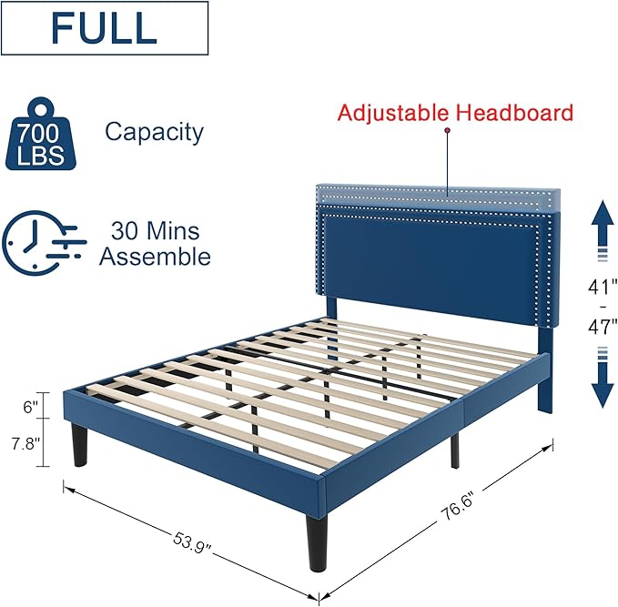 VECELO Full Size Platform Bed Frame with Height Adjustable Upholstered Headboard, Modern Mattress Foundation,Strong Wood Slat Support, No Box Spring Needed, Easy Assembly - LeafyLoom