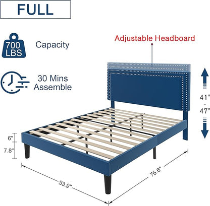 VECELO Full Size Platform Bed Frame with Height Adjustable Upholstered Headboard, Modern Mattress Foundation,Strong Wood Slat Support, No Box Spring Needed, Easy Assembly - LeafyLoom