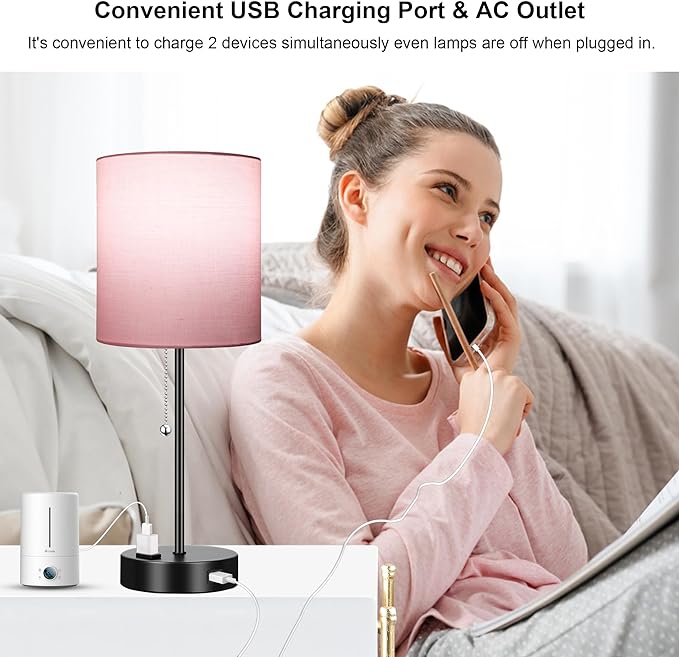 WIHTU 3 Color Temperature Bedside Table Lamps Set of 2, Modern Small Lamp with USB and Outlet, Bedroom Lamp for Nightstand with Chain Switch, Pink Desk Lamp for Living Room, Two Bulbs Included - LeafyLoom