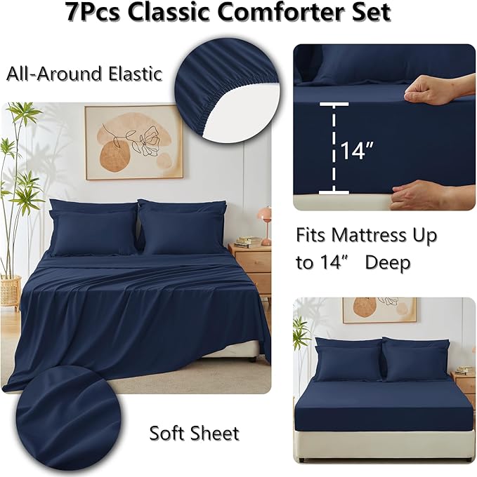 CozyLux Full Comforter Set with Sheets 7 Pieces Bed in a Bag Navy Blue All Season Bedding Sets with Comforter, Pillow Shams, Flat Sheet, Fitted Sheet and Pillowcases - LeafyLoom