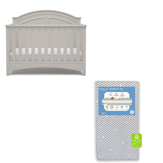 Delta Children Perry 6-in-1 Convertible Crib - Greenguard Gold Certified, Moonstruck Grey + Simmons Kids Radiant Sky Dual Sided Baby Crib Mattress and Toddler Mattress (Bundle) - LeafyLoom