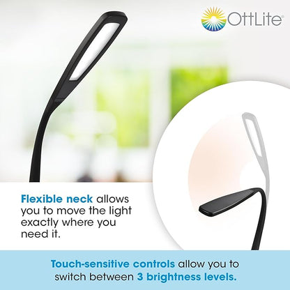 OttLite LED Desk Lamp with Flexible Neck (Black) - Slim Desk Lamp with 3 Brightness Settings & Touch Activated Controls - Energy-Efficient Natural Daylight LEDs for Home Office, Desk, & Dorms - LeafyLoom