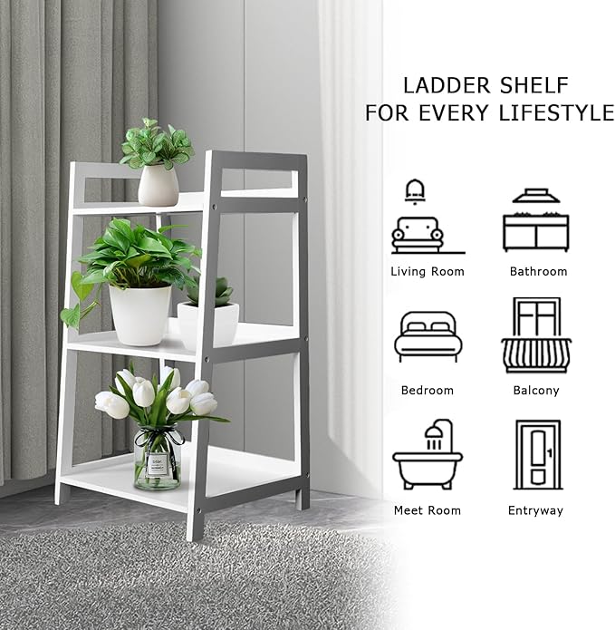 ECOMEX 3-Tier Ladder Shelf Modern Style Shelf, Ladder Bookshelf Open Storage Rack Wood Ladder Shelf with Solid Pine Frame, Freestanding Ladder Shelves for Home Office, Bedroom (White) - LeafyLoom