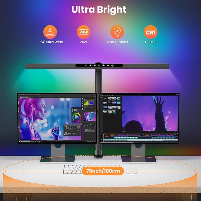 LED Desk Lamp with RGB Backlight, 24W Ultra Bright Table Lamps for Home Office, 60" Timer, 25 Lighting Modes,Eye Care Clamp Light for Gaming Reading Working - LeafyLoom