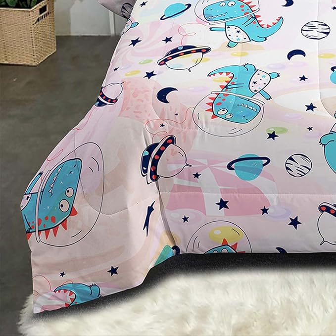 NINENINE Pink Dinosaur Bedding Set Colorful Rainbow Castle UFO Space Theme Comforter Set,Full Size Kids Bedding Sets for Boys Girls, Little Dinosaur Comforter Set with 1 Comforter 2 Pillowcases - LeafyLoom