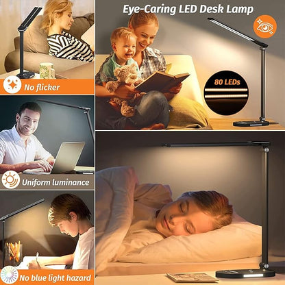 LED Desk Lamps for Home Office, Double Head Touch Desk Lamp with Wireless Charger, Dimmable Desk Light with USB Charging Port, Adjustable Reading Lamp, Eye-Caring Table Lamp with Night Light, 1H Timer - LeafyLoom