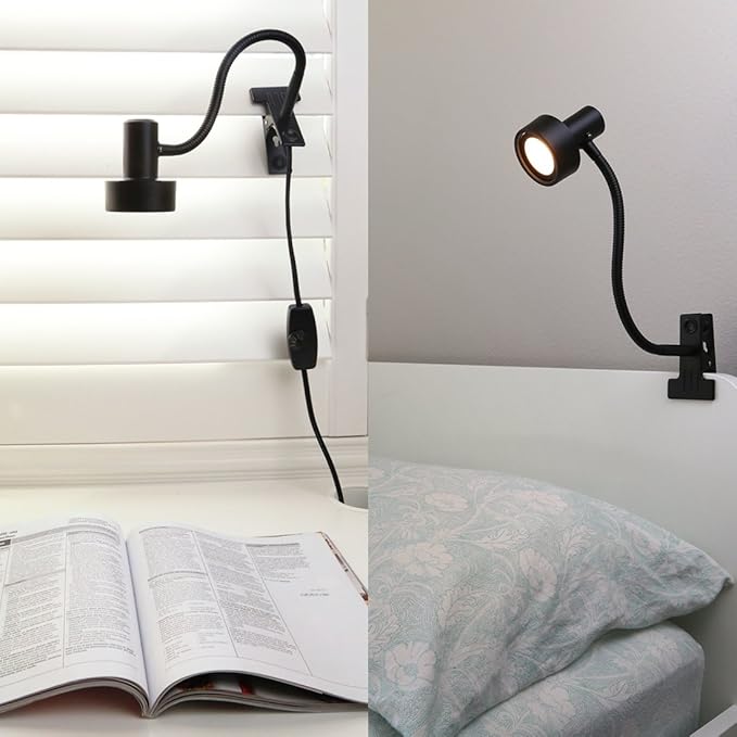 O’Bright LED Clip on Light for Bed Headboard/Desk, Dimmable LED Desk Lamp with Metal Clamp, 5W LED, Flexible Gooseneck, Adjustable Brightness for Eye-Care Reading, Vintage Design (Metal Black) - LeafyLoom