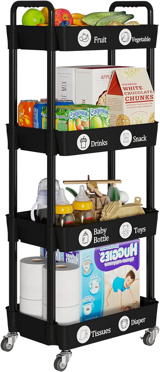 4-Tier Storage Cart,Multifunction Utility Rolling Cart Kitchen Storage Organizer,Mobile Shelving Unit Cart with Lockable Wheels for Bathroom,Laundry,Living Room,With Classified Stickers,Black - LeafyLoom