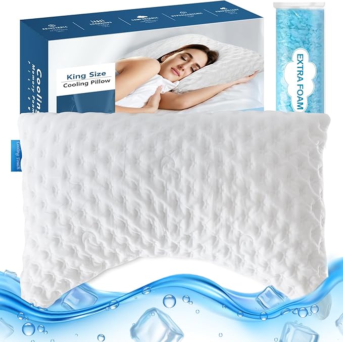 Cooling Side Sleeper Pillow for Neck and Shoulder Pain Relief, Curved Bed Pillow Shredded Memory Foam Pillows for Sleeping, Adjustable Contour Pillow with Washable Cover Bamboo Rayon Pillow, King Size - LeafyLoom