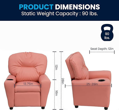 Flash Furniture Chandler Vinyl Kids Recliner with Cup Holder and Safety Recline, Contemporary Reclining Chair for Kids, Supports up to 90 lbs., Pink - LeafyLoom