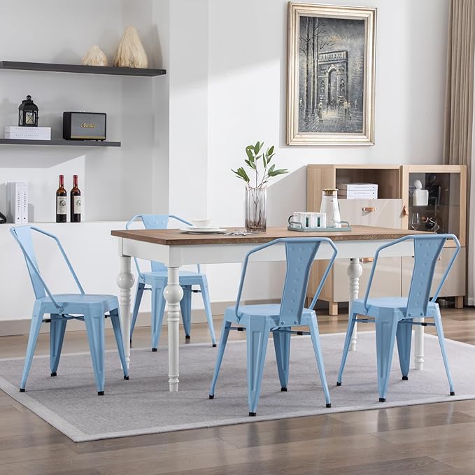 Modern Dining Chair Set of 4, Stackable Metal Chairs, Waterproof Counter Bar Chairs with High Backrest, Quick Assembly Cafe Chairs, Tolix Style for Home, Kitchen and Bar Use, Blue - LeafyLoom