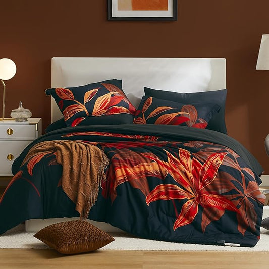 WRENSONGE Twin Comforter Set, 5 Pieces Black Red Floral Comforter Set with Sheets, Red Leaf Bedding Set, Twin Bed in a Bag, Soft Breathable Microfiber for All Seasons - LeafyLoom