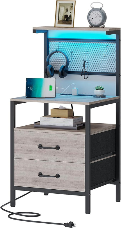 Tall Nightstand with Charging Station and LED Lights, Night Stand with Fabric Drawers, Bedside Table 36.4 Inch with Storage Shelves, Side Table, Mesh Shelves with Metal Hooks, Greige - LeafyLoom