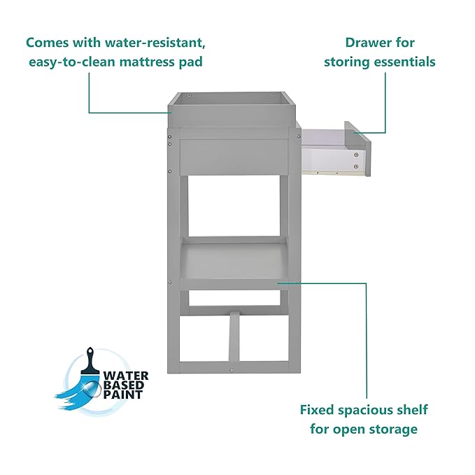 Arlo Changing Table in Pebble Grey, Made of Solid New Zealand Pinewood, Non-Toxic Finish, Comes with Water Resistant Mattress Pad & Safety Strap - LeafyLoom