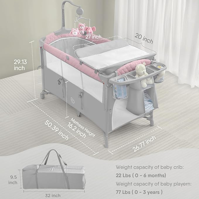 BabyBond Baby Bassinet Bedside Crib, Pack and Play with Sheet, Diaper Changing Table and Music Mobile from Newborn to Toddles, Portable Large Playard - LeafyLoom