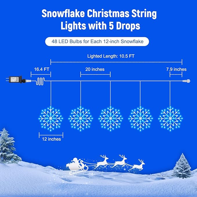 Christmas Snowflake Icicle Lights Outdoor - Plug-in 10.5ft 5 Drops 240LED Snowflake Window Lights with 8 Modes, Hanging Lights for Indoor Outdoor Porch Eaves Rooftops Christmas Decor, Blue and White Brightown