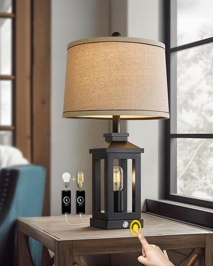 23.75" Retro Farmhouse Black Table Lamp for Living Room Bedroom Nightstand Single Pack Touch Control Bedside Nightlight Vintage Modern Lamp with USB C+A Ports and 2 Light Sources - LeafyLoom