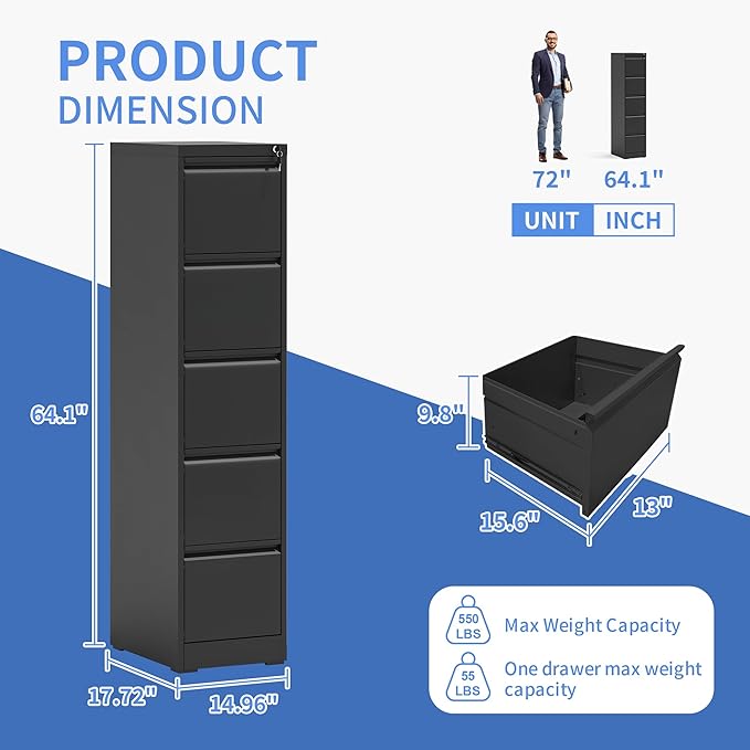 5 Drawer Vertical File Cabinet with Lock, File Cabinet for Home Office, Locking File Cabinet Hanging Files for A4/ Legal/Letter(Require Assembly, Black) - LeafyLoom