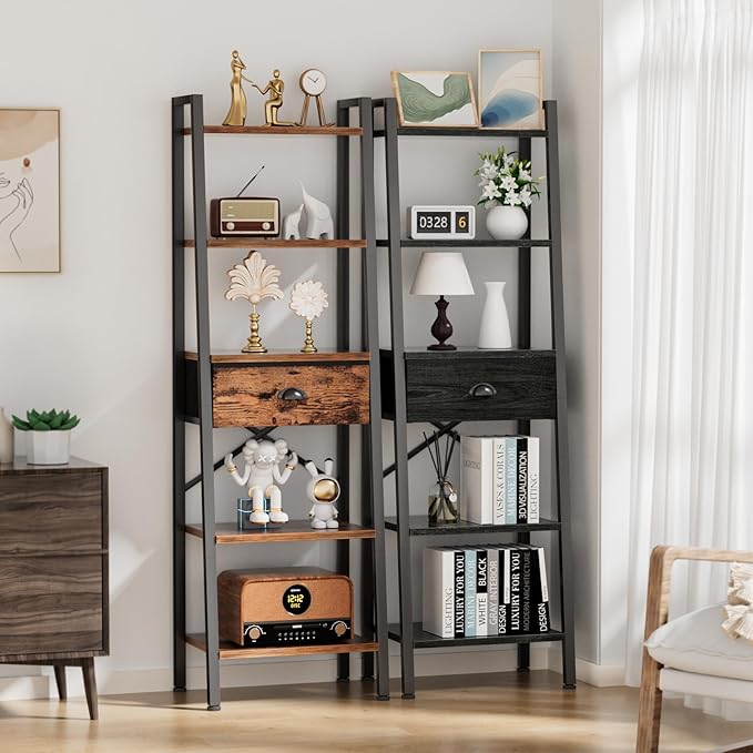 Furologee 5 Tier BookShelf, Ladder Shelf with Drawer, Tall Bookcase Corner Shelf, Narrow Shelf Industrial Display Standing Units for Home Office, Living Room, Bedroom, Kitchen, Black Oak - LeafyLoom