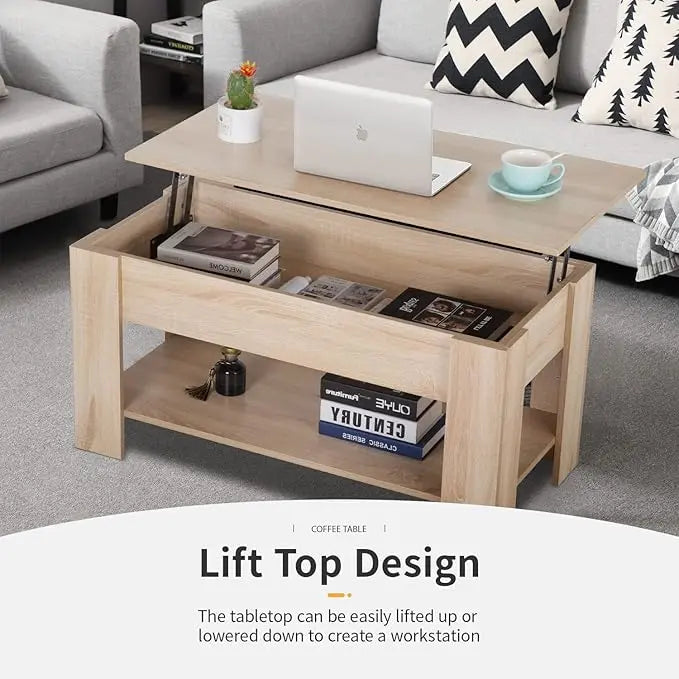 FDW Lift Top Coffee Table with Hidden Compartment and Storage Shelf Wooden Lift Tabletop for Home Living Room Reception Room Office (Natural) - LeafyLoom