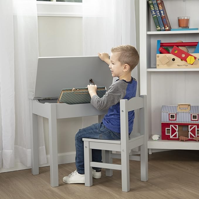 Melissa & Doug Wooden Lift-Top Desk & Chair - Gray , Grey - Toddler And Kids , For Ages 3+ With Self-Containted Storage And Chair Set - LeafyLoom