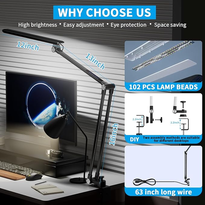 Space Saving LED Desk Lamps,Touch Adjustment 10 Color Temperatures &10 Brightness Eye-Caring Modes, Swing Arm Desk Light with Clamp，Lamp for Home Office 360° Spin Memory Function-Metallic Black - LeafyLoom