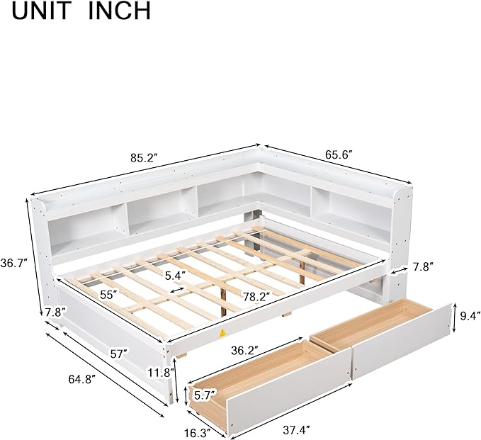 Full Size Wooden Daybed with L-Shaped Bookcases and 2 Storage Drawers, Modern Day Sofa Bed Frame with Headboard for Living Room, Bedroom, Guestroom, Easy Assembly, White - LeafyLoom