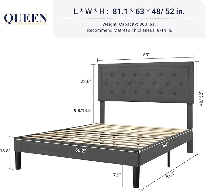 Allewie Queen Size Button Tufted Platform Bed Frame/Fabric Upholstered Bed Frame with Adjustable Headboard/Wood Slat Support/Mattress Foundation/Dark Grey (Queen) - LeafyLoom