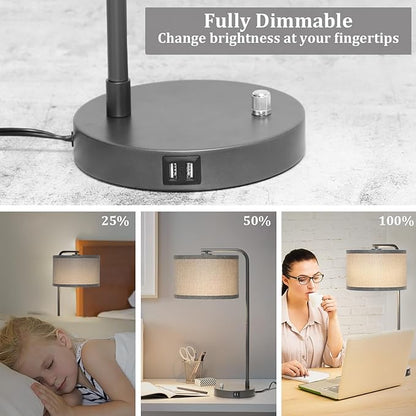 Gray Bedside Lamp with Dual USB Charging Ports, Fully Dimmable Modern Nightstand Lamp with Grey Fabric Shade, Tall Reading Lamp Desk Lamp for Bedroom Living Room Office with 3000K LED Bulb - LeafyLoom